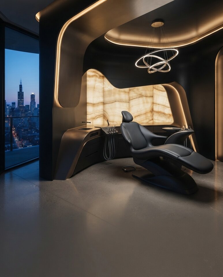 Clínica dental futurista con vistas nocturnas a la ciudad